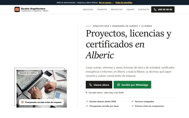 Ejemplo de página web para estudios de arquitectura e ingeniería, vista en el ordenador