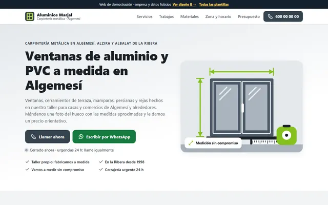 Ejemplo de página web para carpinterías metálicas, vista en el ordenador