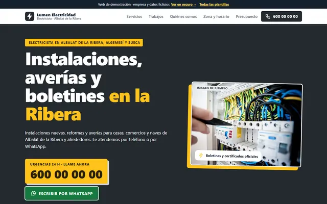 Ejemplo de página web para electricistas, vista en el ordenador