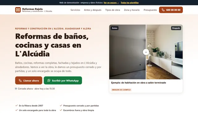 Ejemplo de página web para empresas de reformas, vista en el ordenador