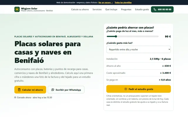 Ejemplo de página web para instaladores de placas solares, vista en el ordenador