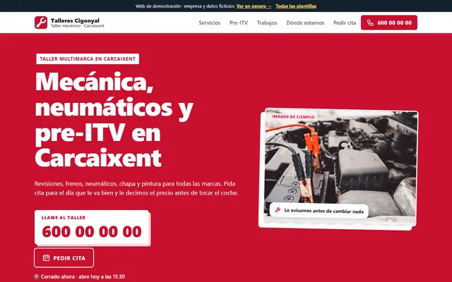 Ejemplo de página web para talleres mecánicos, vista en el ordenador