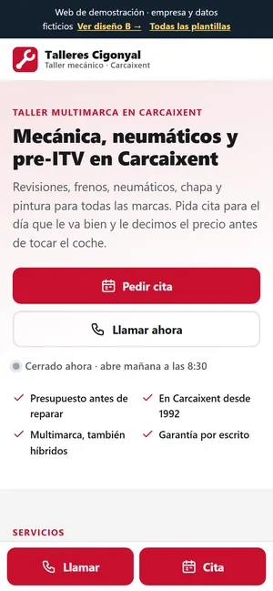 La misma web de talleres mecánicos, en el móvil