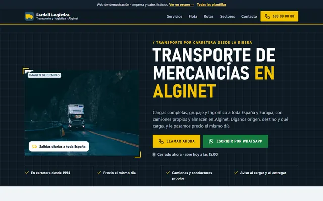 Ejemplo de página web para empresas de transporte, vista en el ordenador
